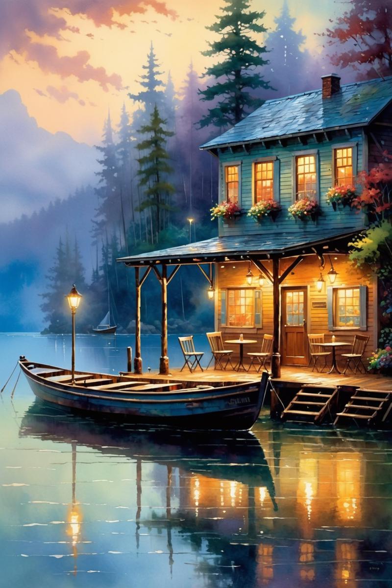 01261-848537577-The cafe on the island in the center of the lake is dimly lit in the evening,and there are boats parked by the trestle,light rai.png